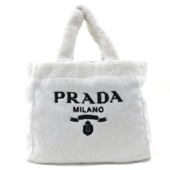 Auth PRADA TERRY Handbag Tote Bag White Pile/Silvertone - Picture 1 of 14